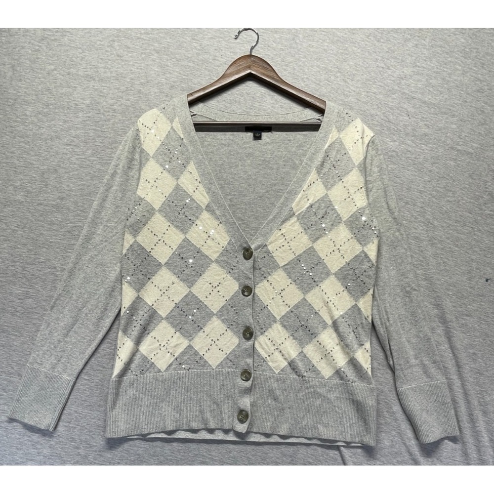 Banana Republic Cardigan Sweater Womens Large Gray Cream Argyle Sparkly Sequins